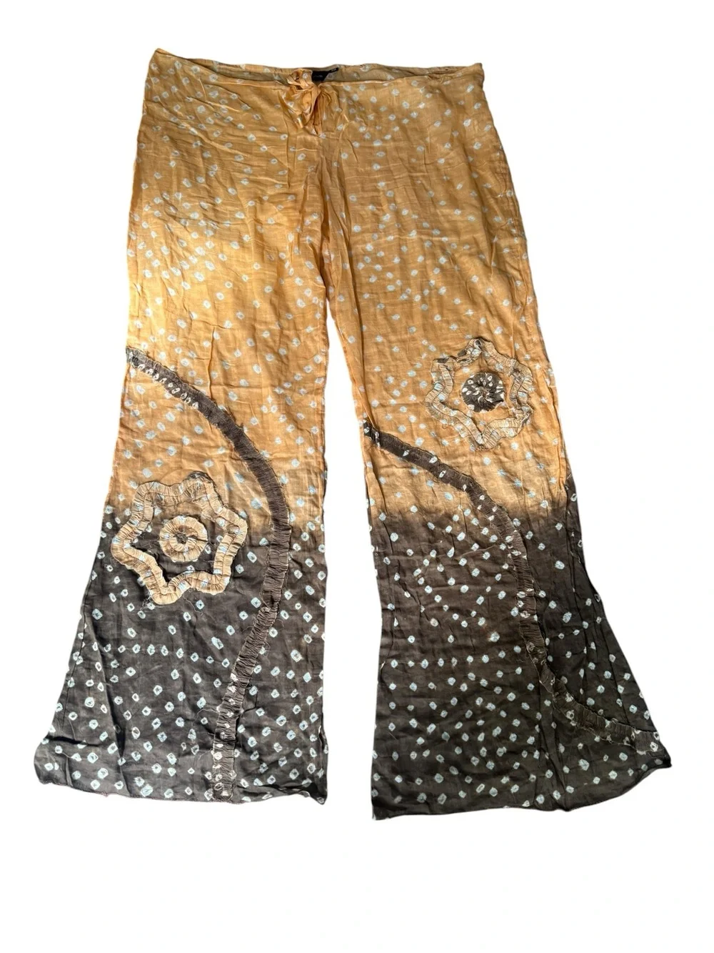 Y2K Boho Wide Leg Gauze Feel Festival Pants  Floral Appliqué XL Semi Sheer Beach